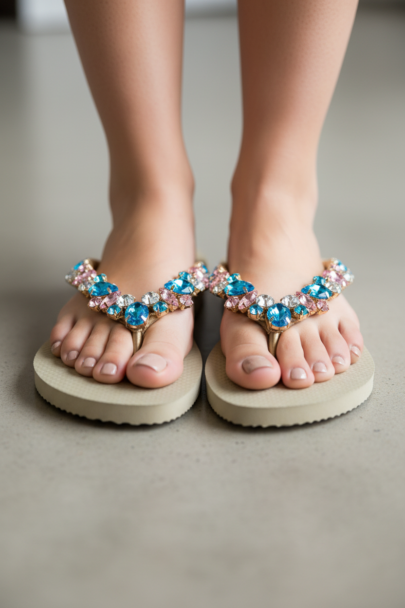 Diamond Flip Flop Custon Slim with Crystal Details Sandy Grey