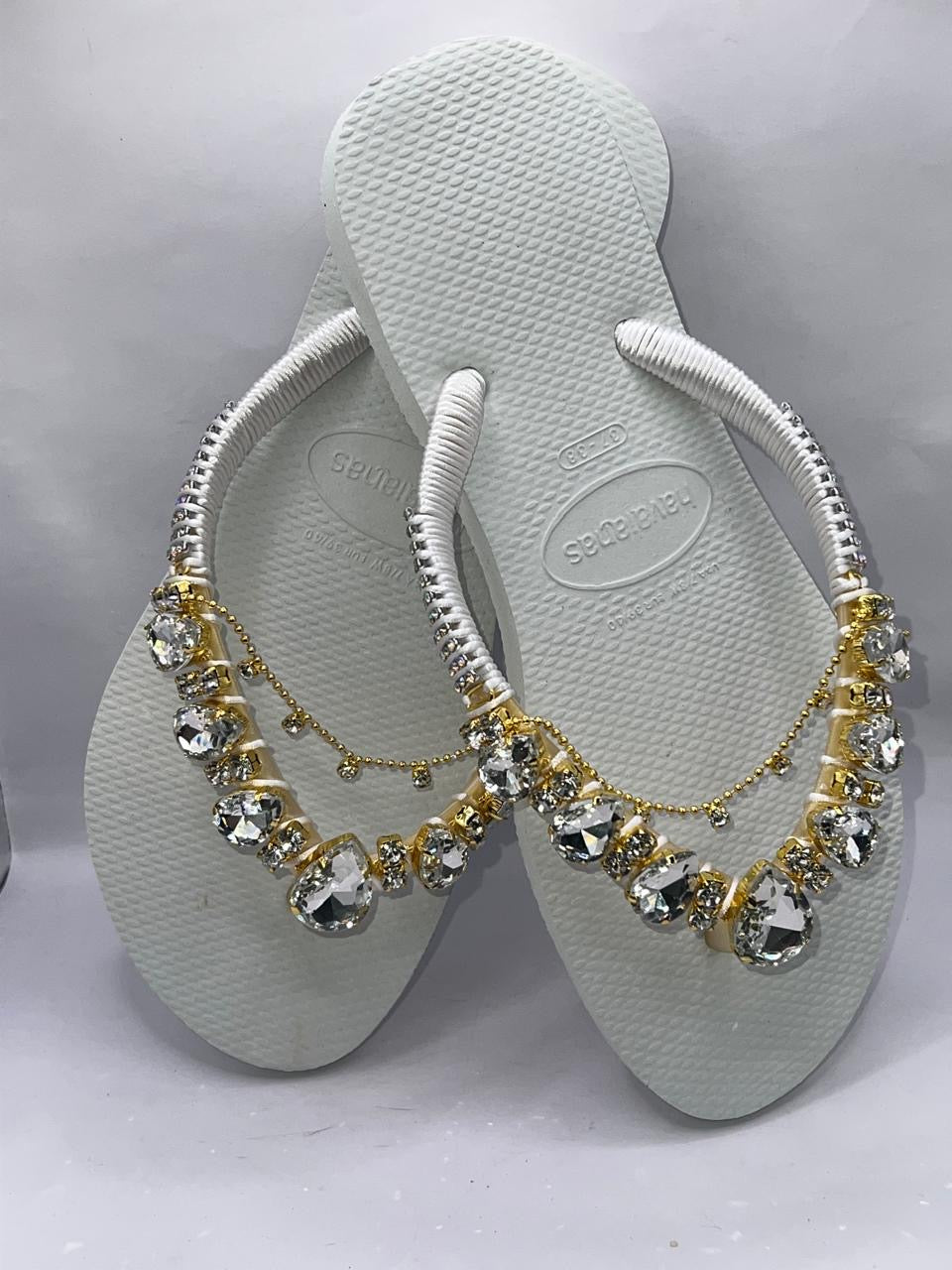 Diamond Flip Flop Custon Slim with Crystal gold Details white