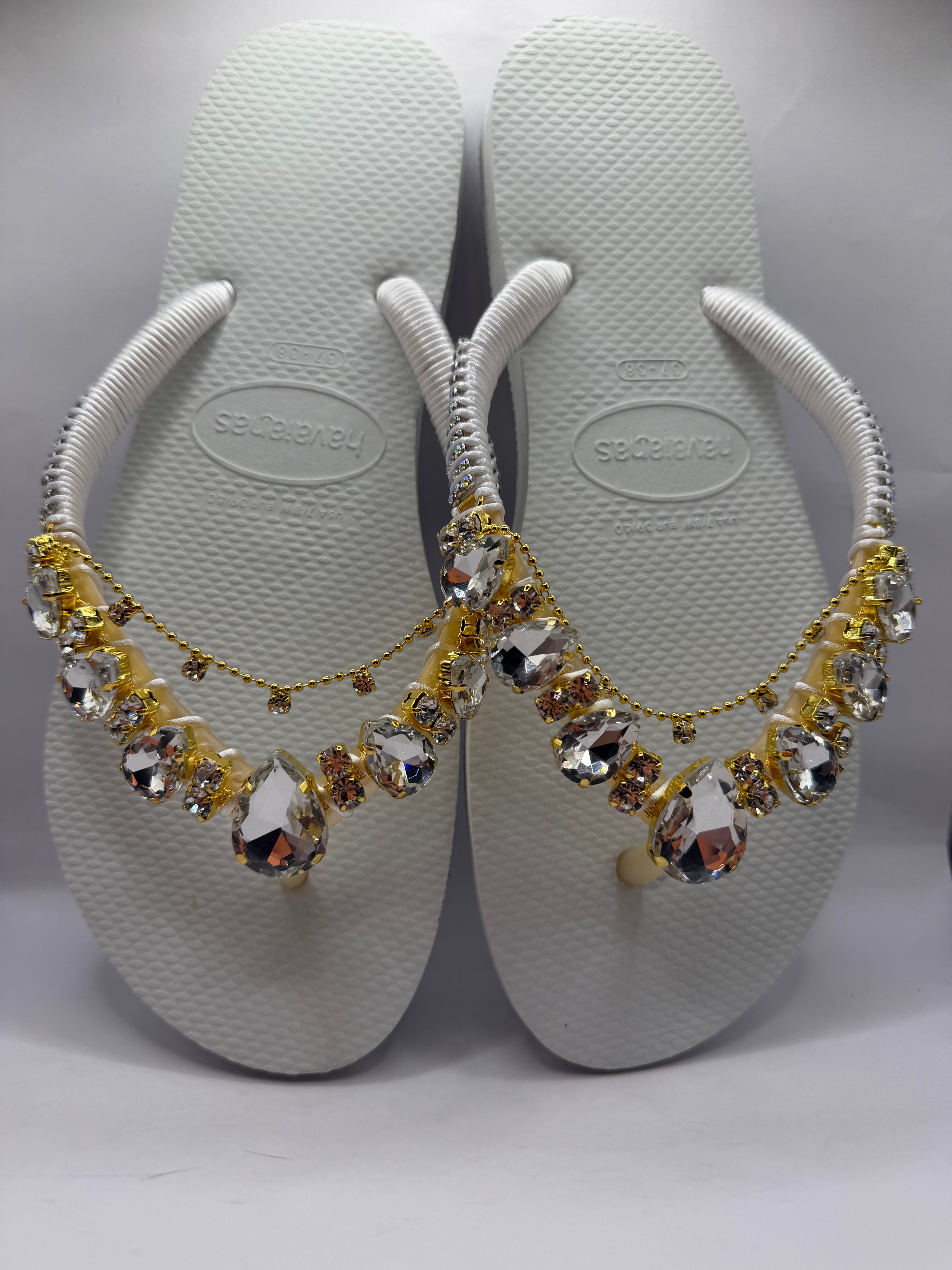 Diamond Flip Flop Custon Slim with Crystal gold Details white