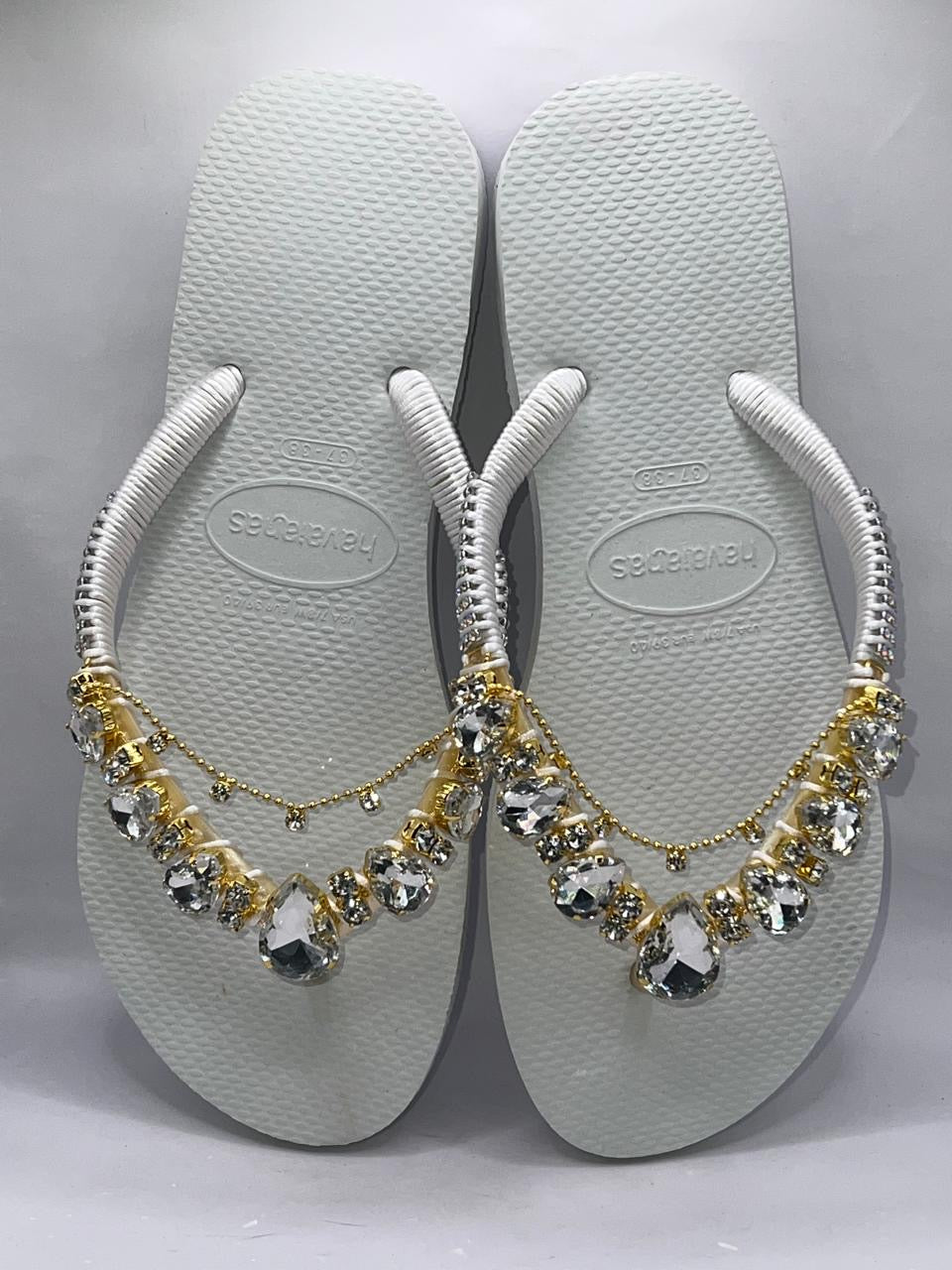 Diamond Flip Flop Custon Slim with Crystal gold Details white